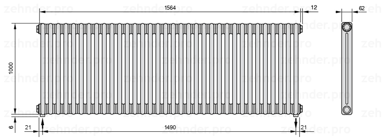 Схема (чертеж) Радиатор Zehnder Charleston 2100/34 №5310 Белый глянцевый RAL 9016